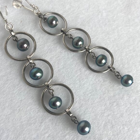Sterling Silver 925 3" Long Round Triple Tiered Peacock Pearl Dangle Earrings - Picture 12 of 16